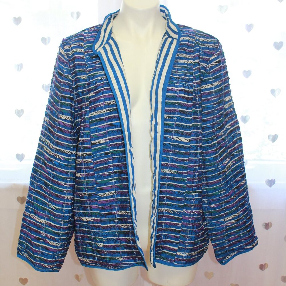 #254 Chico's Blue Striped Dress Jacket Blazer Size 3 (16)